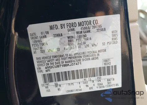 2008 Mercury Mariner Premier из США, поврежденный, VIN 4M2CU87188KJ37471